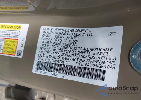 2025 Honda Civic Sport из США, поврежденный, VIN 19XFL2H88SE011619